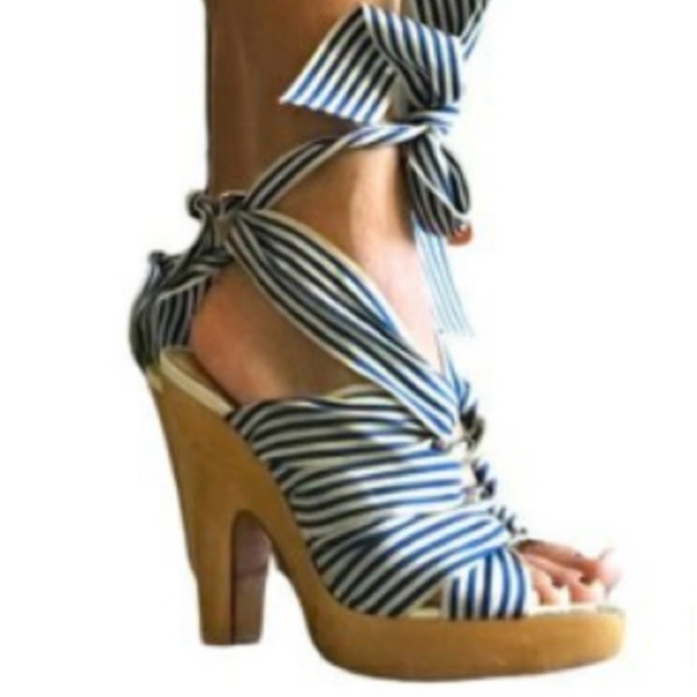 Coach Kimi Heels. Size 9. Blue and white grosgrain ribbon closure.